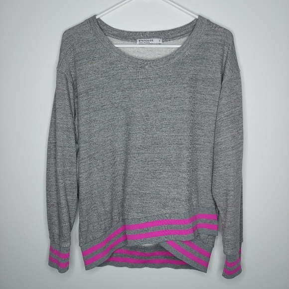 Stateside French Terry Sweatshirt Small Relaxed Scoop Crossover Gray Pink Stripe - Picture 1 of 7